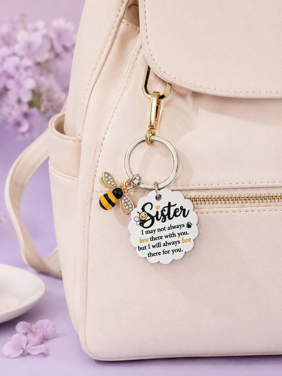 1pc/3pcs Sister Bee Keychain, Scalloped Bag Charm With Always Bee There For You Message, Thanksgiving And Christmas Gift For Sister, Purse Accessory