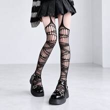 Women's Fishnet Stockings, Spider Web Mesh Thigh High Socks, Gothic Y2K Style Sheer Tights For Fall Halloween Party Daily Fashion - Black - View 8