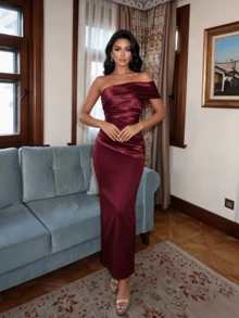 Women's Elegant One Shoulder Ruched Patchwork Bandage Dress - Burgundy - View 4