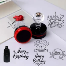 (1pc Stamp + 1 Bottle Refill Ink) Birthday Party Series Stamp With Happy Birthday Phrase - For Scrapbooking, Card Making, Invitations, Birthday Decorations, Birthday Party Decor Crafts, Birthday Celebration Crafts, Invitation Decor, Decorative Seal, Multi-Purpose Stamp - Large Glossy Black Self-inking Stamp With Red Border - View 1