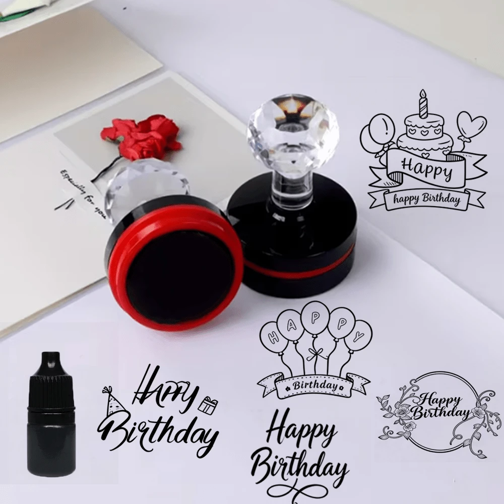 (1pc Stamp + 1 Bottle Refill Ink) Birthday Party Series Stamp With Happy Birthday Phrase - For Scrapbooking, Card Making, Invitations, Birthday Decorations, Birthday Party Decor Crafts, Birthday Celebration Crafts, Invitation Decor, Decorative Seal, Multi-Purpose Stamp - Large Glossy Black Self-inking Stamp With Red Border - View 1