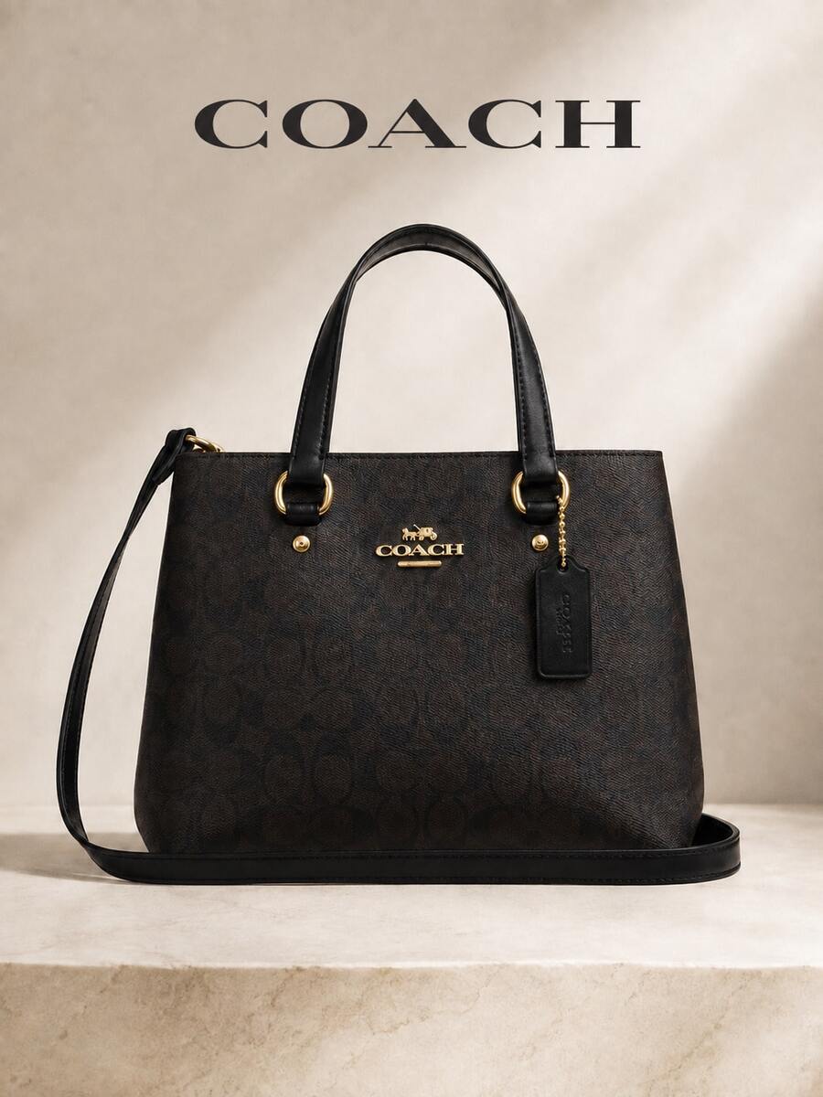 Coach حقيبة يد توت مطبوعة بتوقيع ، حقيبة كروس بودي من جلد PU بمقبضين وحزام قابل للفصل، للعمل المكتبي والتنقل اليومي وتجمعات عطلة نهاية الأسبوع - حقيبة يد توت مطبوعة بشعار العلامة التجارية - مشاهدة 1