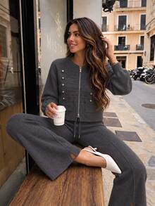 Knitwear 2 Pieces; Drop Shoulder Long Sleeve Button Front Casual Sweater Top And Loose Fit Pants - Grey - View 3
