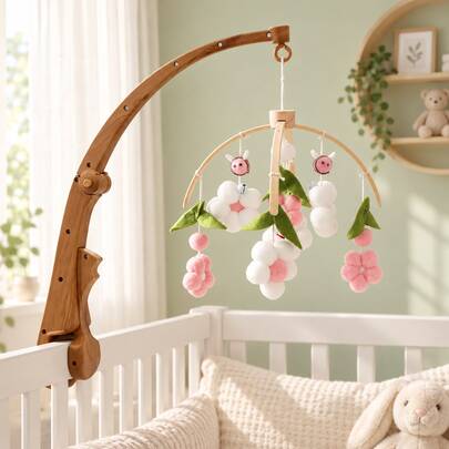 Cute Pink Pom Pom Flower Bee Baby Crib Mobile, Wooden Arch Baby Bed Hanging Decor, Soft Sensory Hanging Toy, Newborn Baby Shower Gift