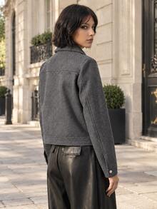 Jaket Tweed Kasual Elegan Wanita TRAFZA, Mantel Campuran Wol, Hangat & Longgar, Warna Polos, Musim Semi/Musim Gugur - Grey - View 4