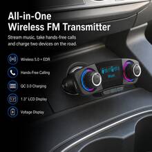 Car Wireless FM Transmitter, Bluetooth 5.0 Car Radio Adapter (Supports Hands-Free Calling), USB Car Charger, TF Card/USB Flash Drive Music Player, AUX Audio Output, 1.3-Inch LCD Display, 12V-24V Car Audio Adapter - A - View 3