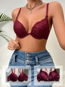 Lace Thick Cup Push-Up Bra | Medium Support, Non-Removable Padding, Underwire Lined, Collegiate Style - Burgundy - View 8