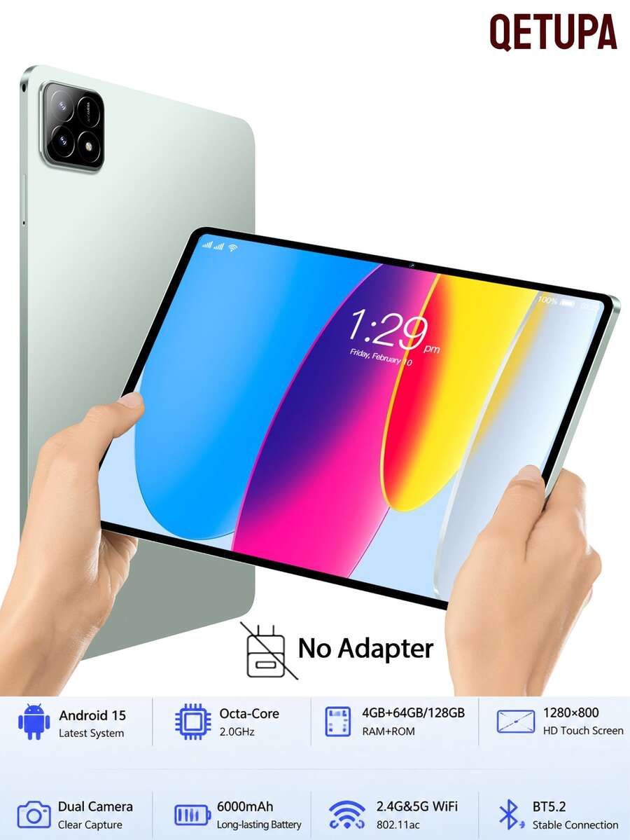 Qetupa Tablet X90, Android 15 10,1 inci, RAM 4GB, Penyimpanan ROM 64GB/128GB, Performa Optimal, Baterai Tahan Lama 6000mAh, Penyimpanan Dapat Diperluas, Dengan Prosesor Octa-Core MTK 8788, Kamera Ganda 5MP + 13MP, Layar Besar HD 1280x800, GPS, Ramping, Ringan - Hijau - View 1