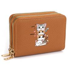 1pc Stacked Cartoon Cat Pattern Litchi Texture PU Leather Double Zipper Accordion Multi-Slot Compact Short Wallet Card Holder, Cute Girly Style, Suitable For Girls To Store Bank Cards And Coins - Multicolor - View 7