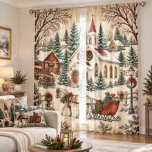 2pcs Vintage Winter Snow Scene Cabin Print Decorative Curtains, Rod Pocket Design, Easy Installation & Removable, Polyester Material, Suitable For Cozy Rustic Farmhouse Bedroom, Living Room, Retro Christmas Home Decor - Multicolor - View 8
