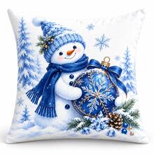 4pcs Blue Christmas Pillow Covers, Winter Wonderland Snowman Tree Gift And Royal Decor Cushion Covers, Elegant Blue White Gold Holiday Home Decor, Without Inserts - Blue and White - View 7