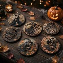 6pcs Witch Broom Coaster Set, Funny Cartoon Pattern Heat Resistant Cup Mats, Halloween Desktop Decor, Gift Box Packaging Holiday Gift - PET Coaster-2760 - View 2