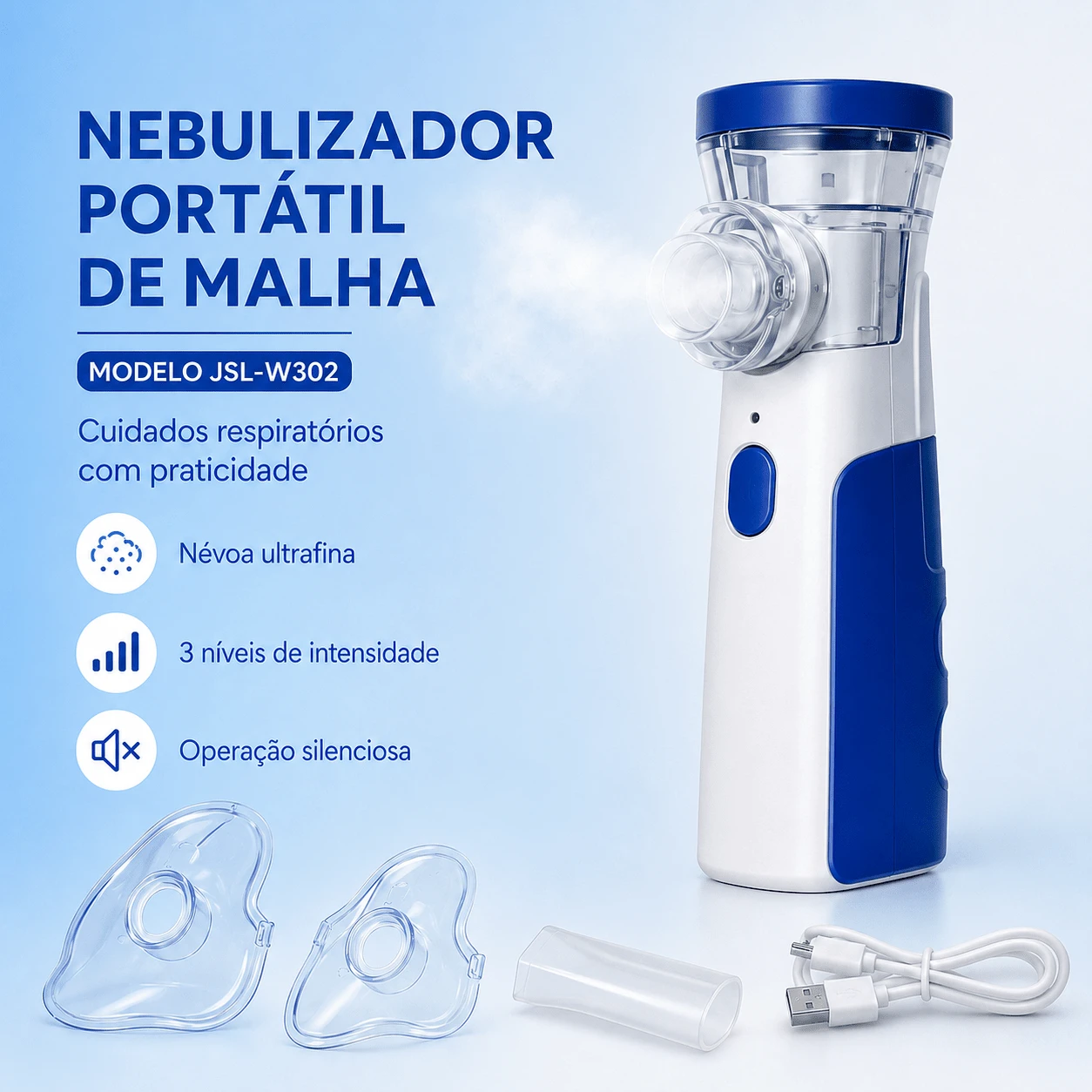 Nebulizador Portátil de Malha JSL‑W302, 3 Níveis de Névoa, Operação Silenciosa, Nebulizador para Adultos e Crianças para Cuidados Respiratórios em Casa - Visão 1