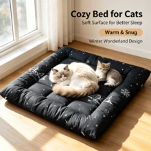 1‑Piece Black Winter Tree Snowflake Print Pet Mattress, Modern Style Polyester Rectangular Quilted Cushion, Roll‑Up Portable Sleeping Pad For Dog Cat Indoor Home Use All Seasons - Black - View 7