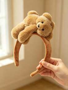1 Girl 3D Bear Ear Plush Headband, Fluffy Cute Face Washing Everyday Versatile Hair Accessory - Multicolor - View 2