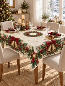 1pc Polyester Christmas Tablecloth, Red Bow Gold Bell Holly Wreath Print Xmas Holiday Table Cover, Traditional Festive Dining Table Decor For Christmas Party Dinner Kitchen Home - Multicolor - View 14