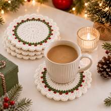 4 Pcs Handmade Crochet Christmas Coasters Set - Festive Wreath Drink Coasters With Bow For Coffee Mug, Heat Resistant Table Decor & Holiday Gift - ET Christmas Coaster - View 4
