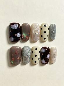 10pcs Handmade Press-On Nails, Medium Long Square Glossy Fake Nail Tips, Autumn/Winter Vintage Style, Purple Rose Lace Pattern & Black Polka Dot, Rhinestone & Bronze Glitter Decor, Reusable False Nails For Women Daily Wear And Evening Party - Multicolor - View 2