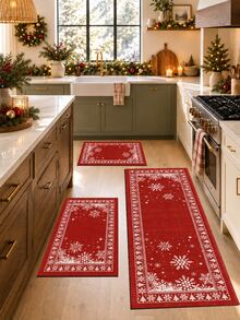 1pc Christmas Red Snowflake Pine Tree Border Kitchen Mat, Vintage Holiday Geometric Pattern Absorbent Non-Slip Foot Mat, Durable Easy Clean Rectangular Rug, Suitable For Kitchen Sink, Entryway, Hallway, Laundry Room, Bathroom And Christmas Home Decor - Multicolor - View 2