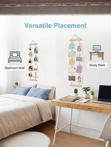 1 Set Rak Pajangan Foto Gantung Dinding dengan Bingkai Kayu & Sistem Tali Rami, Klip Foto Pemasangan Perekat/Pengait Cocok untuk Dekorasi Rumah, Kantor, Sistem Bingkai Foto Minimalis Nordik untuk Dekorasi Pesta, Hadiah Festival, Penyimpanan Gantungan Foto - Warna kayu - View 10