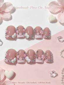 nailrosy Fall Vibes Handmade Press-On Nails 10pcs/Set, Pink Duck Short Y2K Style, 3D Embossed Design, Suitable For Wedding, Coming-Of-Age Ceremony, Daily Commute, White/Nude/Transparent Colors Available, 2026 New Luxury Brand High-End Quality, Versatile For Daily And Party Wear - Multicolor - View 8