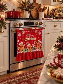 Christmas Oven Door Curtain, Gingerbread Man Santa Claus Wreath Print Ruffle Edge Oven Cover With Tie Bow, Christmas Kitchen Decor - A - View 9