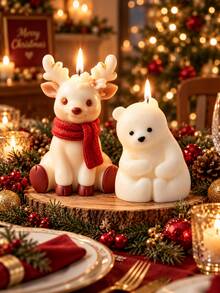 Christmas Reindeer & Polar Bear Silicone Molds, 3D Flower Decorated Fawn And Sitting White Bear Figurine Molds, Flexible Craft Molds For Candle Making, Resin Art, Christmas Table Decor DIY Project - Christmas Mold - View 4