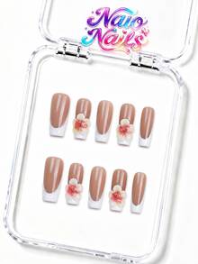 NAIO 10件組手工美甲假指甲，3種尺寸：棺材形/杏仁形/短方頭，Y2K法式風格，裸色與白色法式邊緣，3D粉色花朵裝飾，金色珠飾點綴，適合女性與女孩，適用於派對與日常穿戴，附工具組、禮品與美甲用品 - 彩色 - 查看 17
