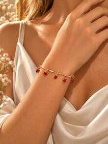 Golden Color Heart Charm Bracelet For Women, Romantic Red Heart Pendant Chain Bracelet, Minimalist Sweet Jewelry For Daily Wear, Date Night Gift - Red - View 2