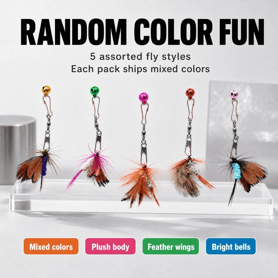Random Color 5pcs Cat Teaser Stick Replacement Heads (Suitable For 2-16 Lbs Cats), Feather Fly Design, Plush Body + Feather Wings, With Colorful Bell And Rotating Lobster Clasp. Feathers Flutter + Bell Sounds When Shaken, Stimulating Cat's Hunting Instinct, Multi-Color Random Shipment, Interactive Cat Teasing For Self-Entertainment And Boredom Relief, Compatible With Most Cat Teaser Sticks. - Multicolor - View 1