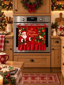 Christmas Oven Door Curtain, Gingerbread House Santa Snowman Print Ruffled Oven Cover With Tie Bows, Xmas Kitchen Home Decoration - B - View 5