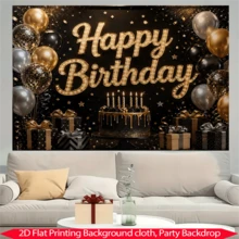 1pc Black & Gold Birthday Backdrop, Luxury Polyester Party Background With Cake, Gift Box And Star Elements, Suitable For Adult Boys & Girls Birthday, Photo Booth, Dessert Table - Multicolor - View 7