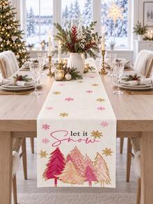 1件裝聖誕桌旗，Let It Snow 粉金色聖誕樹與雪花圖案桌布裝飾，冬季節日桌面裝飾，聖誕家庭晚餐派對桌心裝飾 - 彩色 - 查看 11