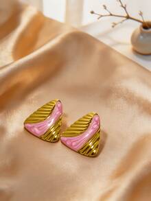 Geometric Triangle Enamel Stud Earrings, Gold Textured Stainless Steel Ear Posts, Color-Block Women's Party Jewelry - Multicolor - View 9