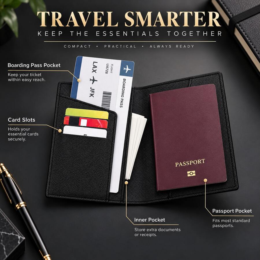 HOVI'S Travel Passport Holder - Multiple Card Slots & Document Pocket, Secure Passport Storage, Lightweight Durable Fabric, Easy To Carry - Black - View 1