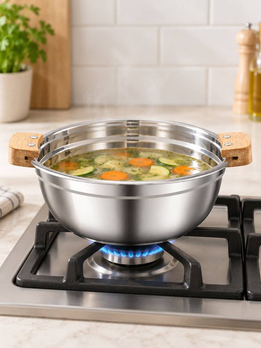 3pcs Stainless Steel Soup Bowl With Wooden Handles,Round Silver Serving Pot With Polished Interior,Stackable Kitchen Bowl For Serving Soup, Stew, Vegetables, Family Meals,Dining Tables And Restaurant Food Service,Induction Compatible Pots And Pans Set - View 1