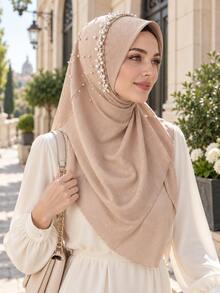 1pc Women Soft One-Piece Pearl Muslim Hijab Islamic Full Head Scarf - Multicolor - View 6