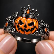 1PC Halloween Pumpkin Crown Ring, 5A Zirconia Inlaid Enamel Statement Ring For Men Women, Unisex Party Jewelry, Ring Box Not Included - Orange - View 6