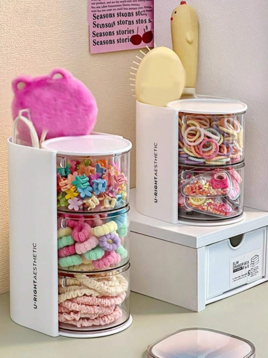1pc Children Multi-Layer Rotating Storage Box, Can Rotate To Store Hair Clips, Hair Ties, Makeup Sponges, Jewelry Rings, Dust-Proof Storage Box - Multicolor - View 1