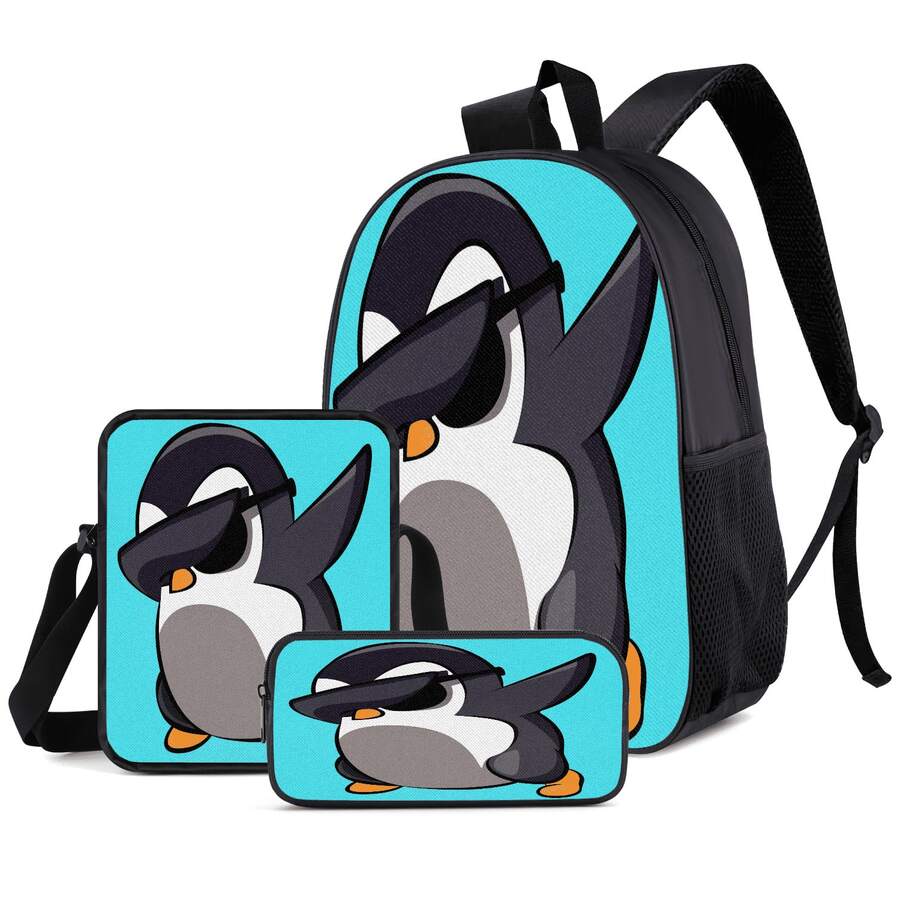 Fashion Glasses Penguin 2D Print Large Capacity 3 Pieces Set, Multi-Compartment Large Space, Suitable For Commuting, Office, Study, Travel And Multiple Scenarios - Printed Bag - View 1