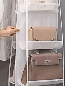 6/8 Slot Space-Saving Bag Storage Organizer, Multi-Layer Hanging Handbag & Wallet Organizer, Mesh Space-Saving Bag Organizer, Multi-Layer Hanging Handbag & Wallet Organizer, Suitable For Closet, Bag Storage Rack, Foldable Design, Convenient To Store When Not In Use, Easy To Carry. Suitable For Your Bedroom, Living Room, Hallway, Closet, Wardrobe Or Shelf. - White - View 13