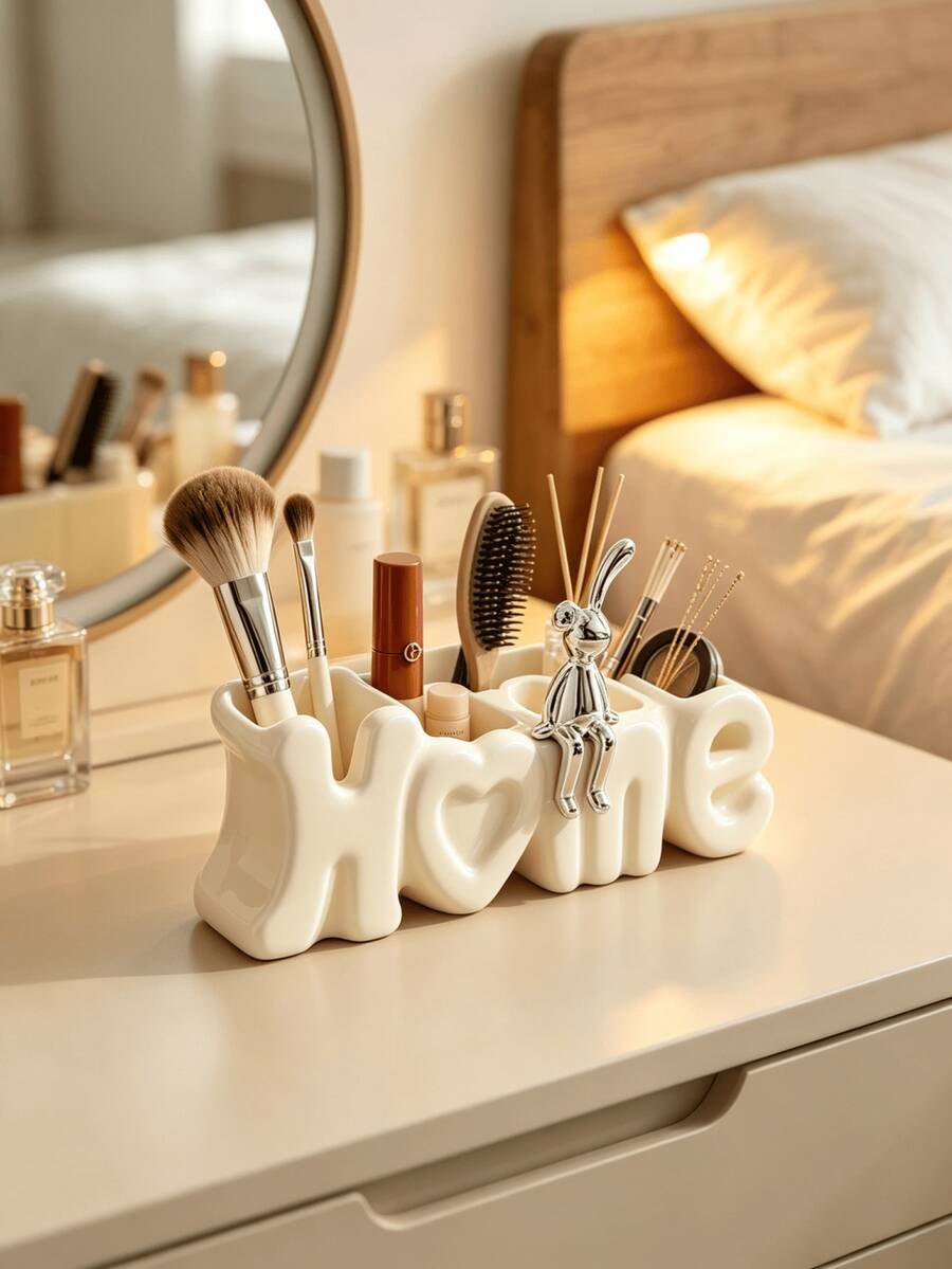 Cream "HOME" Letter Makeup Brush Holder, Ceramic Cosmetic Storage Box With Silver Rabbit Decor, Multi-Compartment Vanity/Bathroom/Desktop Organizer, Cream Minimalist Style, Perfect For Modern, INS-Style And Cream-Style Home Decor, Also An Excellent Gift For Women And Makeup Lovers - D - View 1