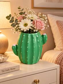 1pc Green Cactus Vase, Cute Cactus Shaped Decorative Flower Vase For Floral Arrangements, Unique Tabletop Centerpiece For Living Room Dining Table Kitchen Bedroom Office And Home Decor - 1PC - View 4