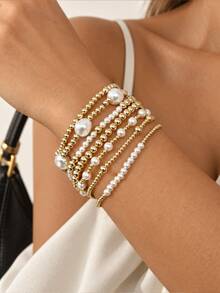 7pcs Fashion CCB Gold Bead Faux Pearl Multi-Layer Elastic Bracelet Set, Stackable Women's Bracelets, Suitable For Daily Wear, Vacation, Party - Yellow Gold - View 2