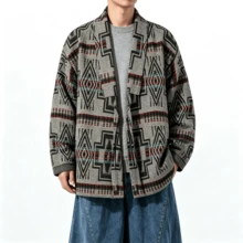 Men's Spring/Autumn/Winter Wool Blend Jacket, Vintage Geometric Pattern Loose Tie-Front Casual Jacket - Multicolor - View 7
