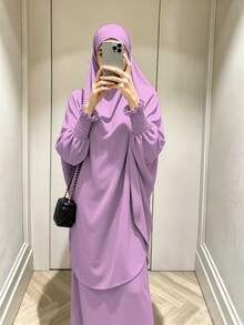 1pc Solid Color Muslim Leg-Of-Gigot Sleeve Cuff Design Hijab Series Abaya, Suitable For Daily Prayer, Simple And Lightweight - Multicolor - View 13