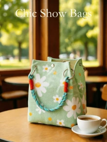 Women's Knitted Bucket Handbag, White Daisy Floral Pattern, Knitted Fabric, Metal O-Ring And Snap Closure, Colorful Woven Handle, Fresh Style Spring/Summer - Green - View 7