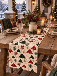 1pc Christmas Table Runner, Watercolor Christmas Tree Pine Branch Berry Print Tabletop Decor, Holiday Dining Room Kitchen Countertop Decoration, Christmas Family Dinner Party Table Centerpiece - Multicolor - View 10