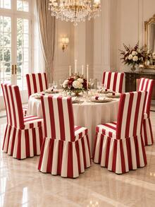 1/4/6pcs Red Striped Print Milk Silk Skirt Chair Covers, Fashionable Polyester Thickened High Elasticity All Season Universal Chair Protector Home Decor - Multicolor - View 6
