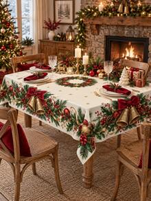1pc Polyester Christmas Tablecloth, Red Bow Gold Bell Holly Wreath Print Xmas Holiday Table Cover, Traditional Festive Dining Table Decor For Christmas Party Dinner Kitchen Home - Multicolor - View 5